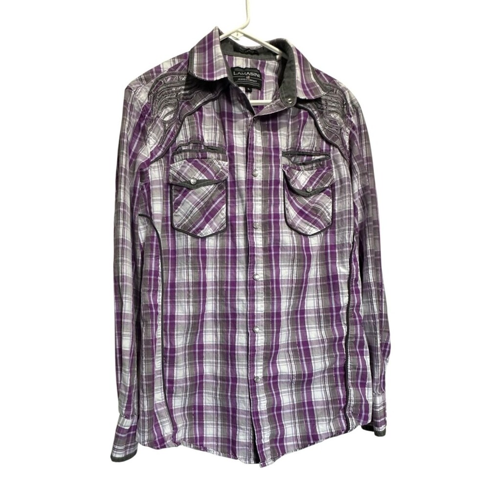 Lamasini Shirt Mens L Purple Plaid Western Pearl Snap Embroidered Cross Inlay